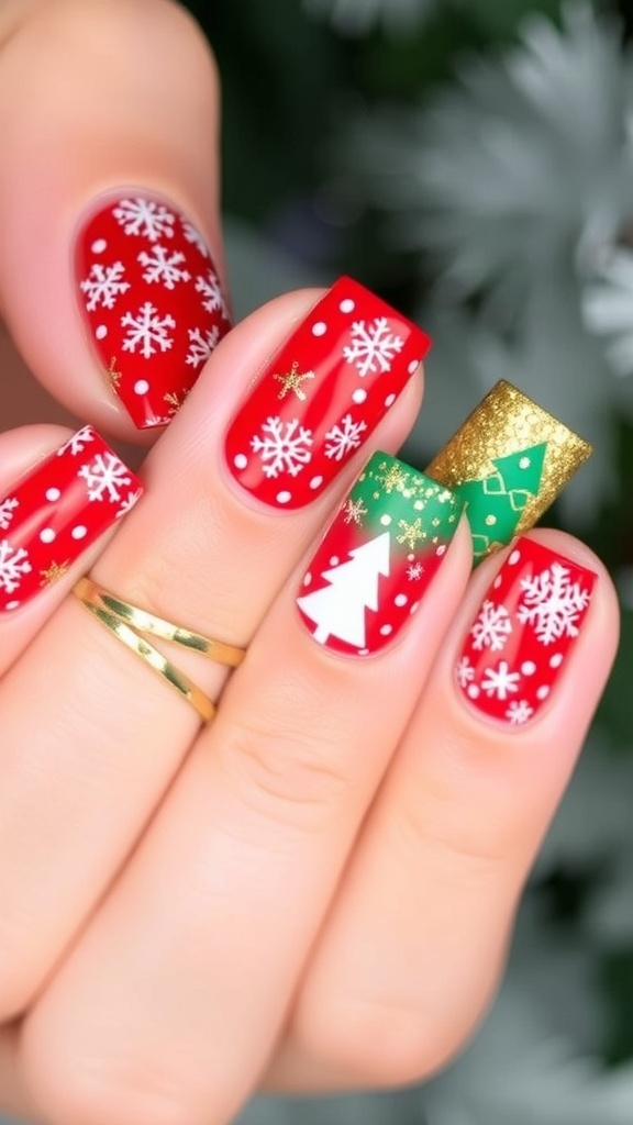 Close-up of short Christmas-themed nails with red, green, and white designs, accented with glitter.